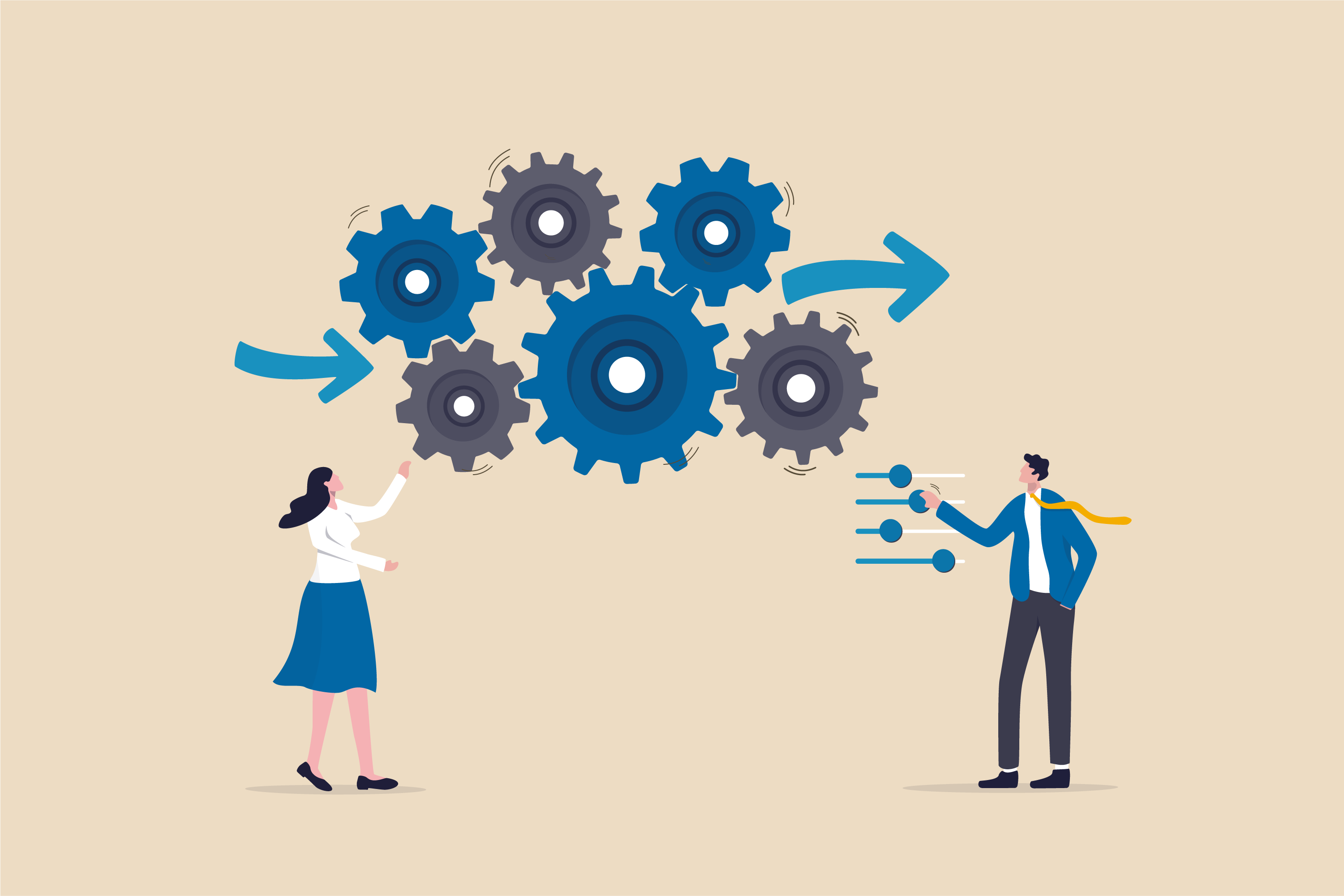 An image of two employees turning cogs. Read this article to discover how to measure employee output.